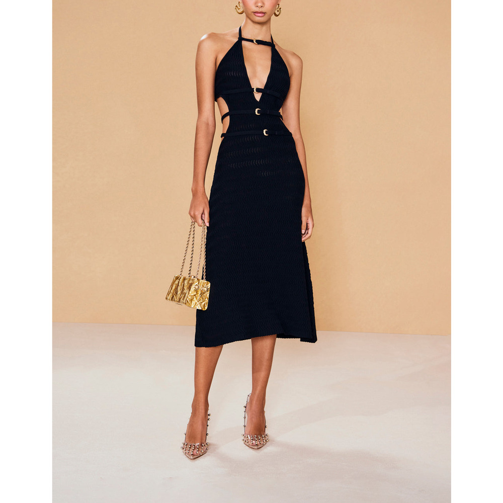 Cult Gaia 'Evaleigh' Black Halterneck Gold Buckle Knit Dress Size S